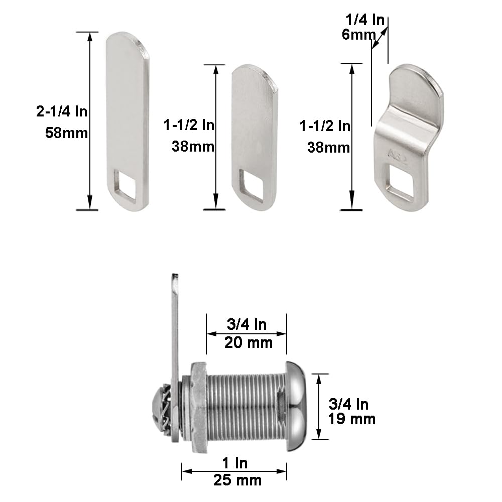 Keyed Alike 1” Cylinder Cam Locks Chrome Finish with 3 Cams and 2 Keys T793599
