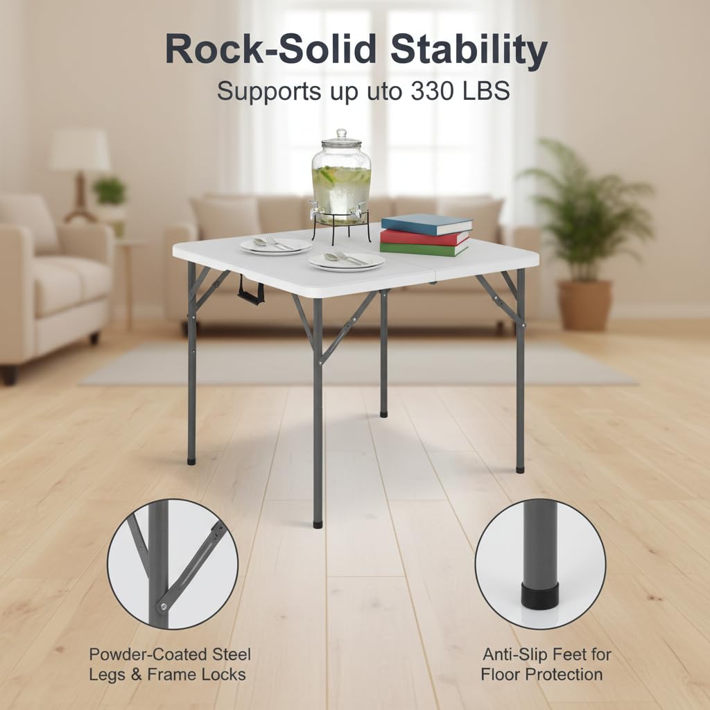 34" Folding Card Table Heavy Duty Plastic Square Table with Handle and Lock B11663