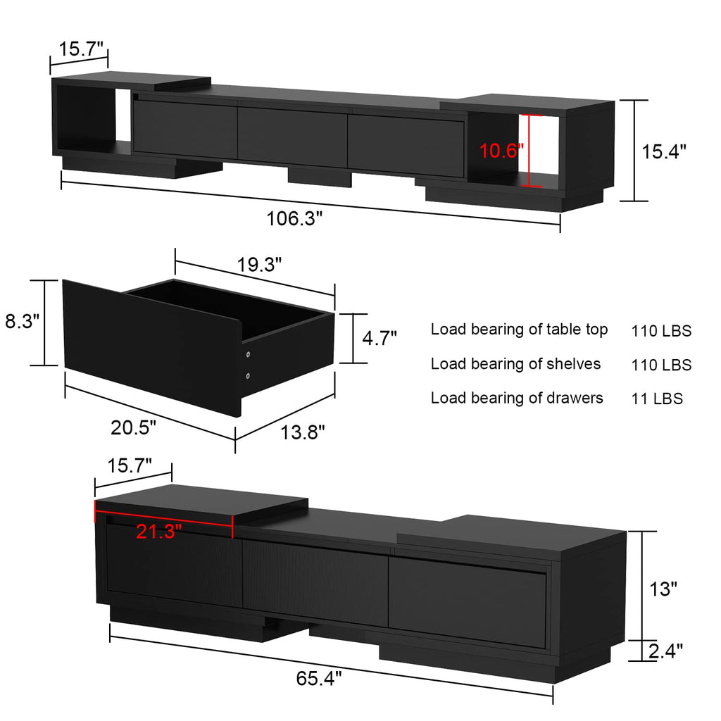 Expandable TV Stand Media Console Table with Three Drawers and Two Open Shelves H102