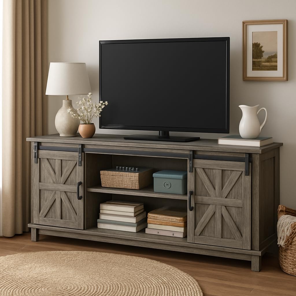 Farmhouse TV Stand Cabinet for 75" Television with Adjustable Shelf & Sliding Barn Doors M82887