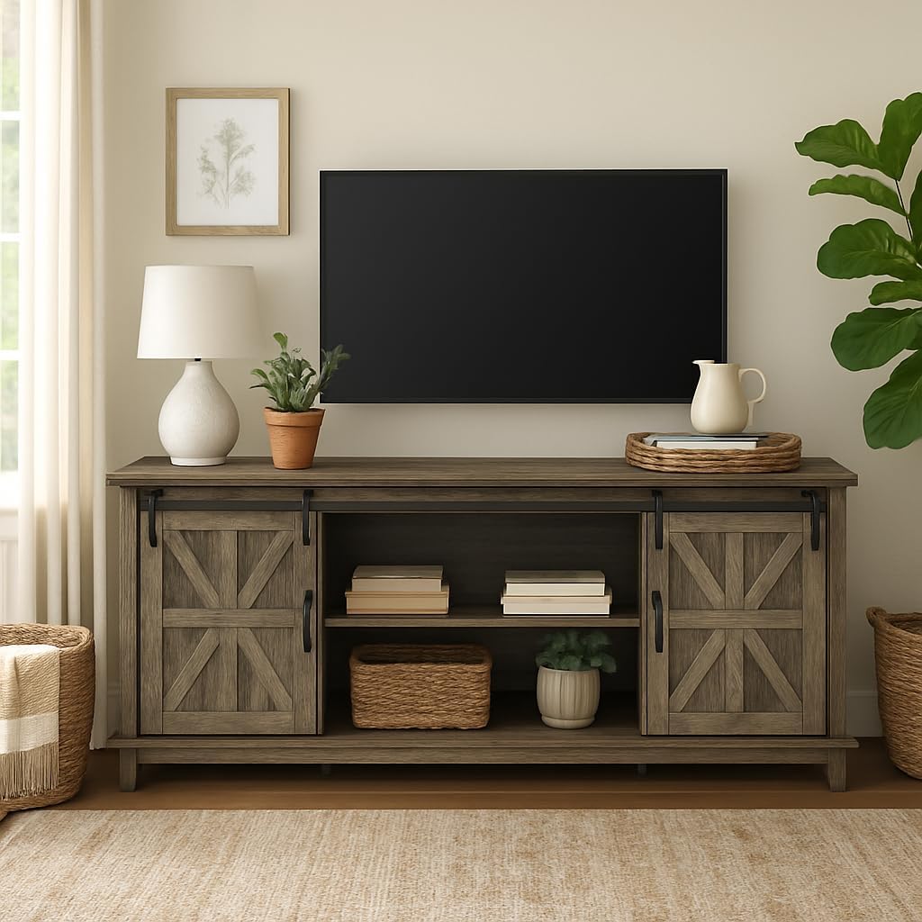 Farmhouse TV Stand Cabinet for 75" Television with Adjustable Shelf & Sliding Barn Doors M82887