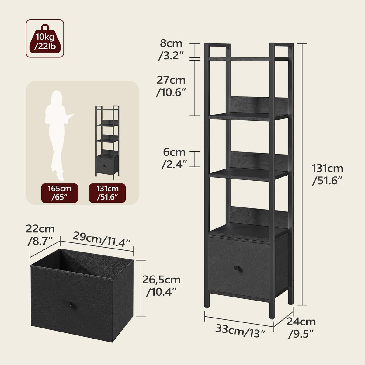 Black 5-Tier Bookshelf with Drawer A88217