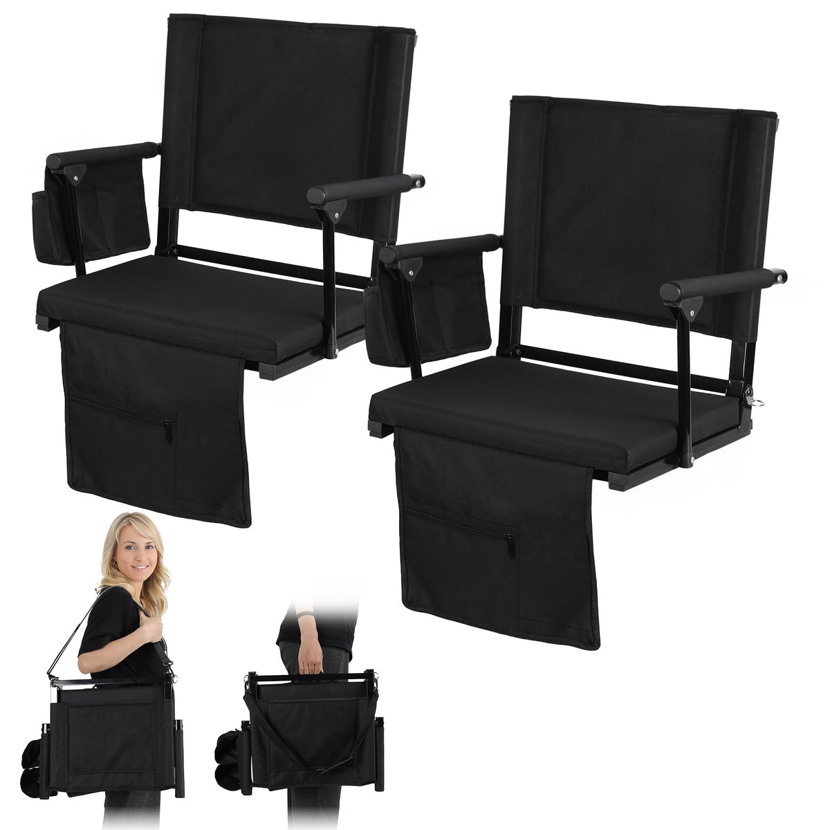 2 Pcs Folding Stadium Seats with Back Support & Cushion Q1683