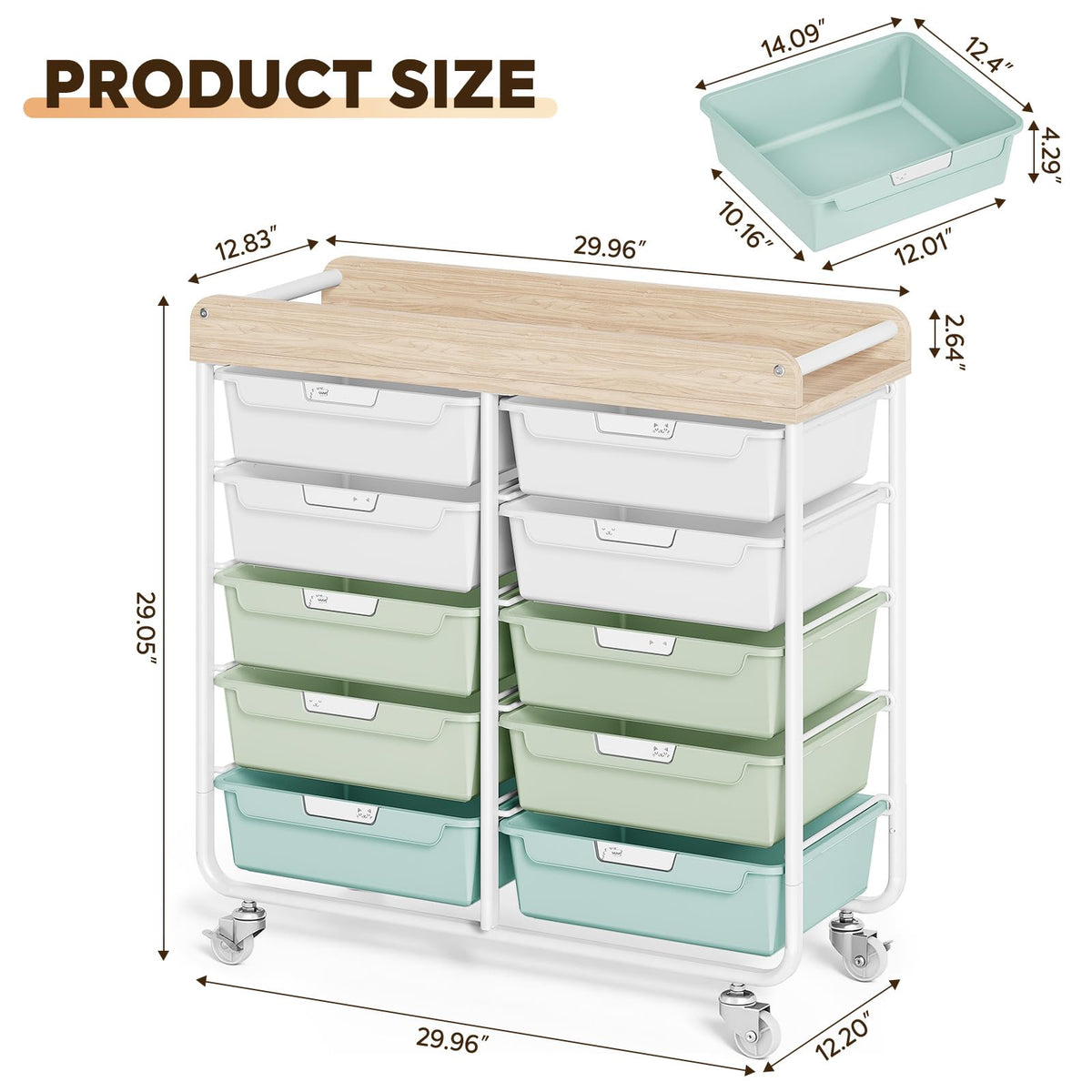 10 Drawer Rolling Cart Green T887