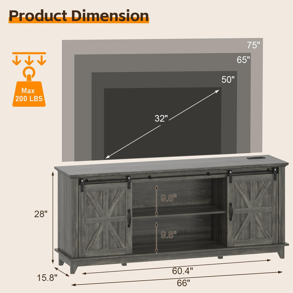 Farmhouse TV Stand Cabinet for 75" Television with Adjustable Shelf & Sliding Barn Doors M82887