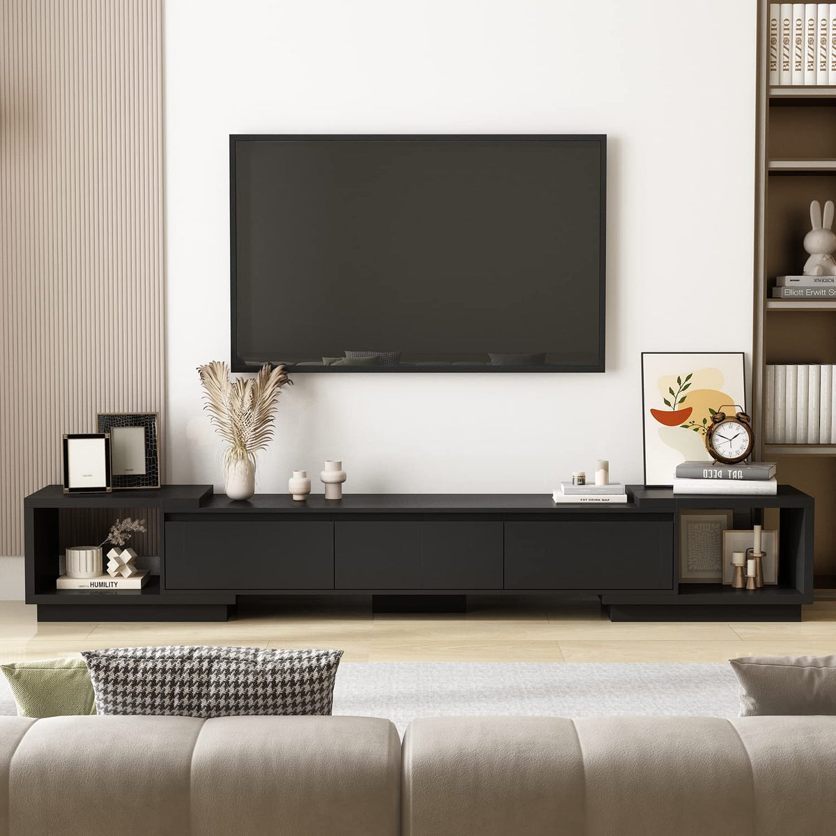 Expandable TV Stand Media Console Table with Three Drawers and Two Open Shelves H102