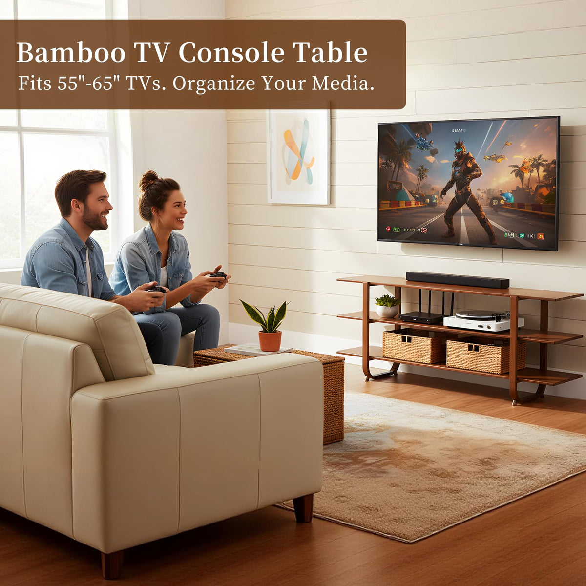 Walnut 65 Inch 3-Tier TV Stand J3938