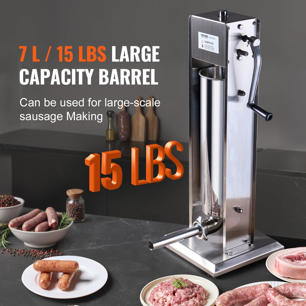 7 L Stainless Steel Manual Sausage Stuffer with 5 Stuffing Tubes T349