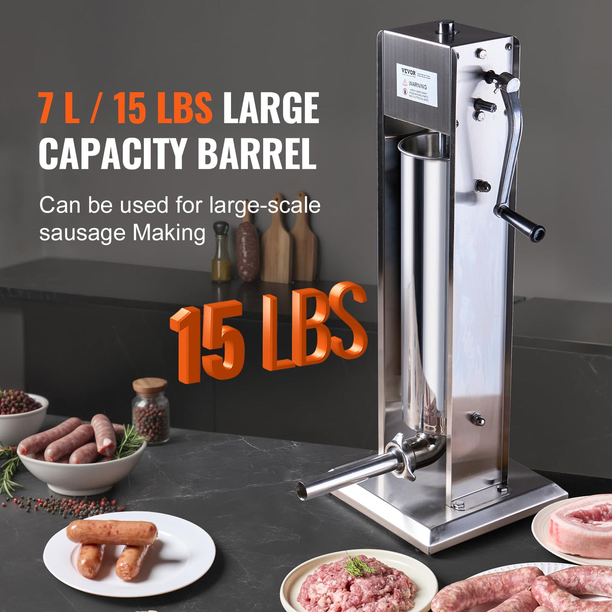 7 L Stainless Steel Manual Sausage Stuffer with 5 Stuffing Tubes T349