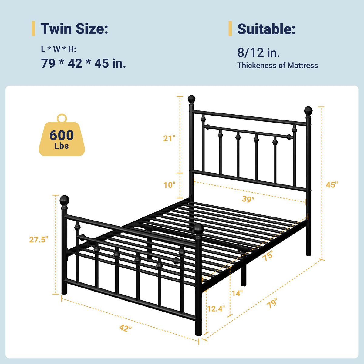 14'' Twin Size Black Metal Platform Bed Frame W434111