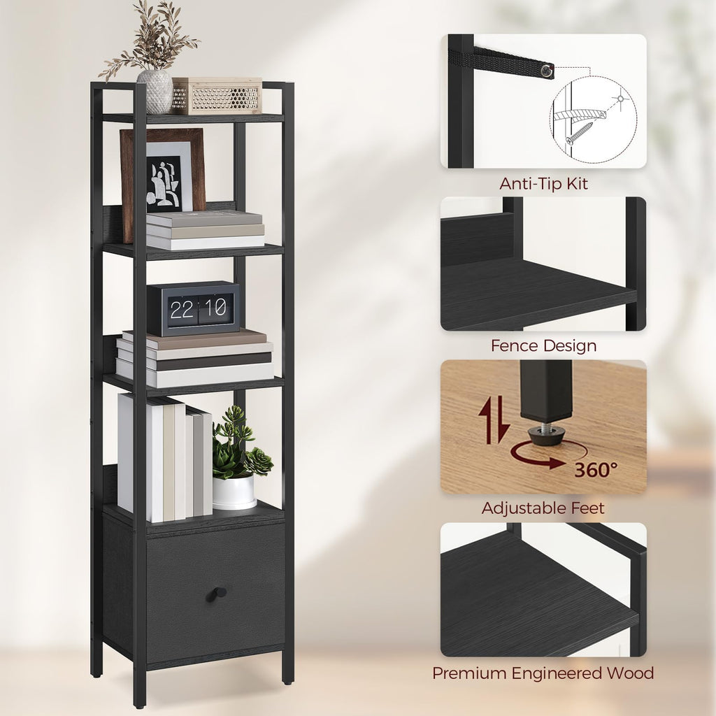 Black 5-Tier Bookshelf with Drawer A88217
