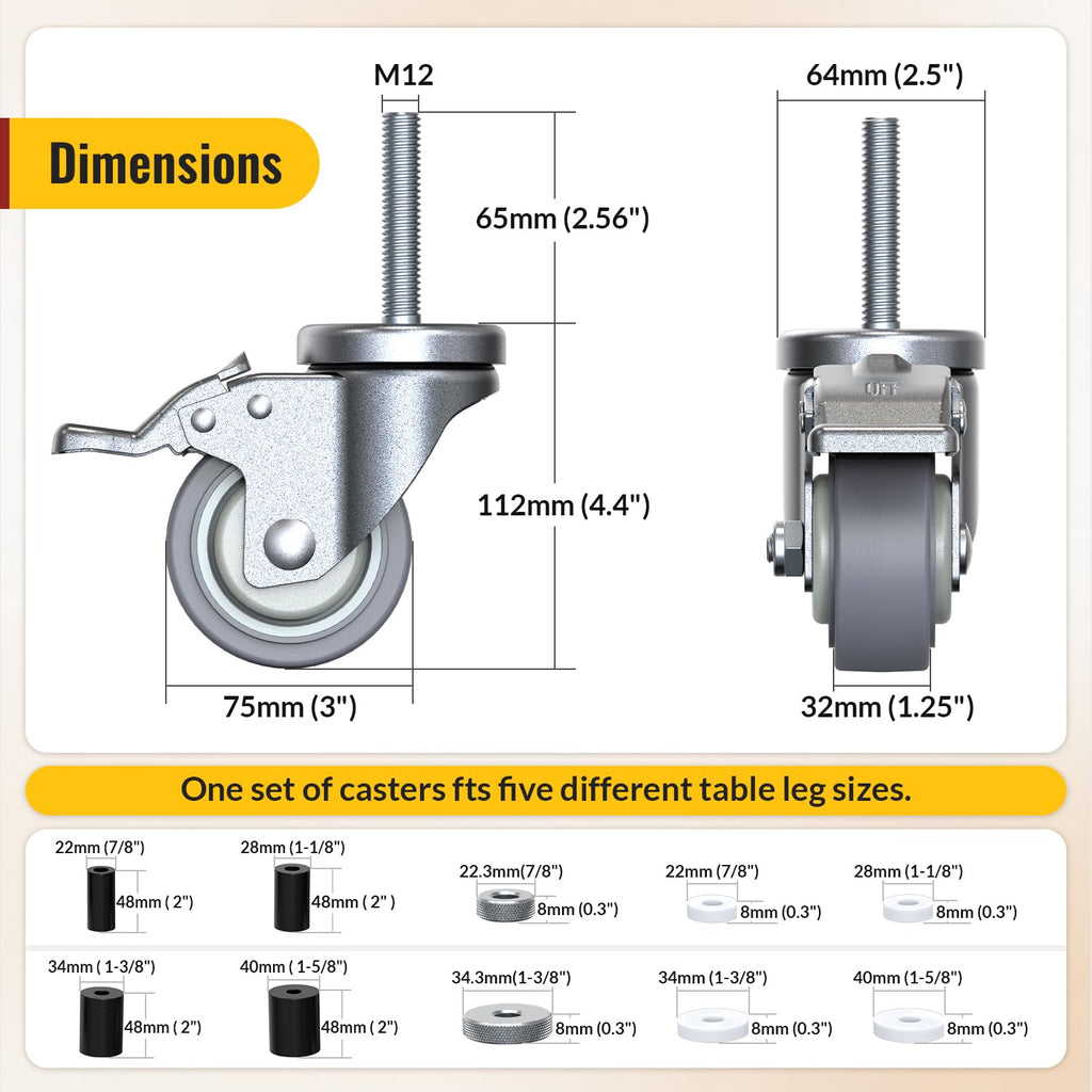 3 Inch Expanding Stem Locking Swivel Casters Set of 4 T868976