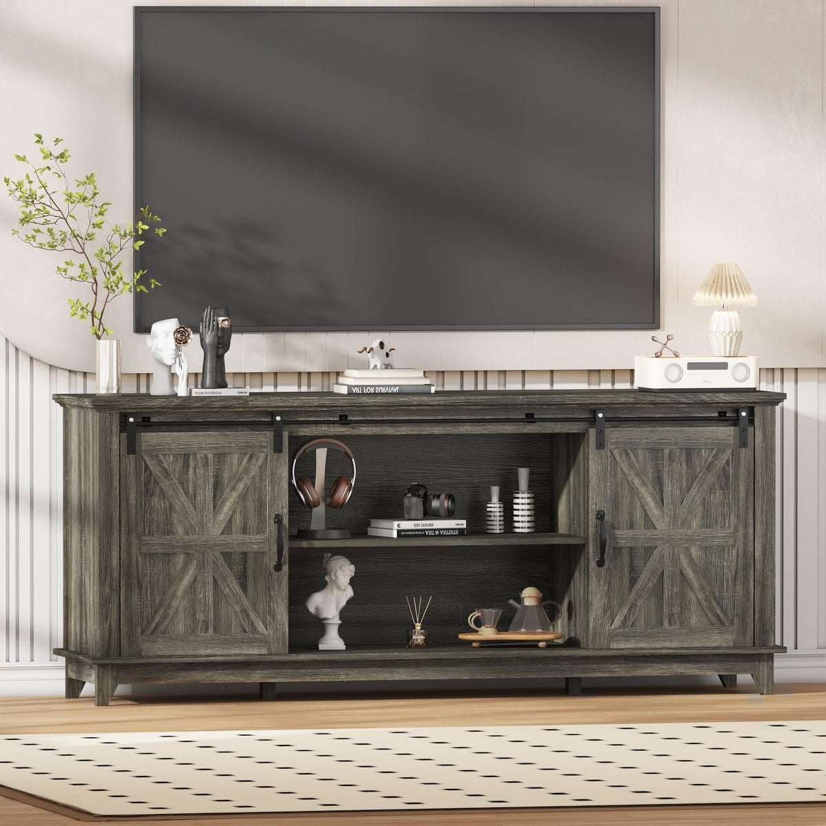 Farmhouse TV Stand Cabinet for 75" Television with Adjustable Shelf & Sliding Barn Doors M82887