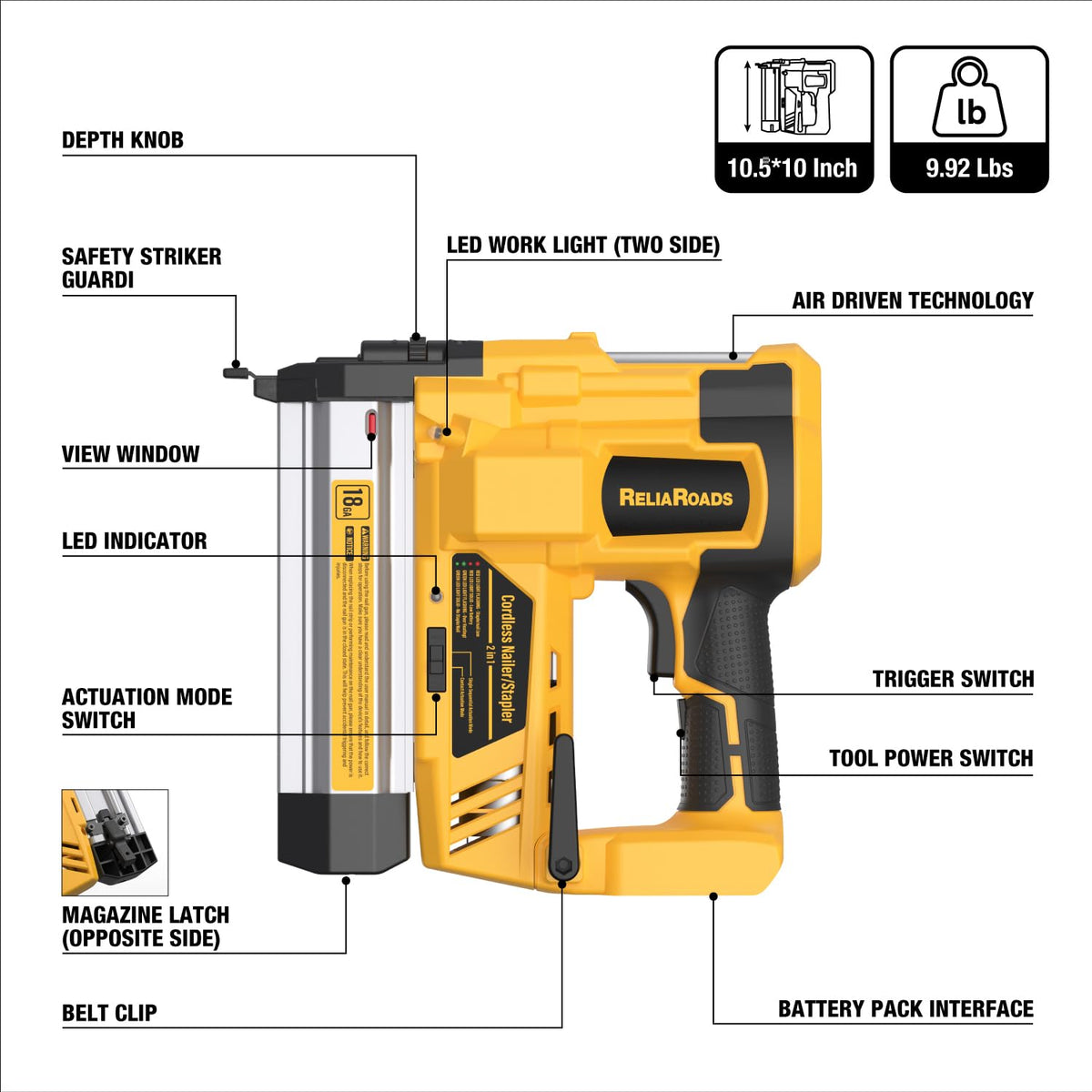 2" Cordless Brad Nailer 18GA Battery Powered Nail Gun with Toolbag H55425
