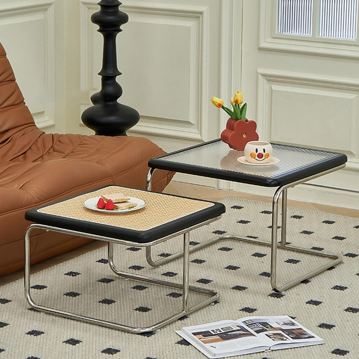 Mid Century Modern Coffee Table Set of 2 Square Metal Base Q757
