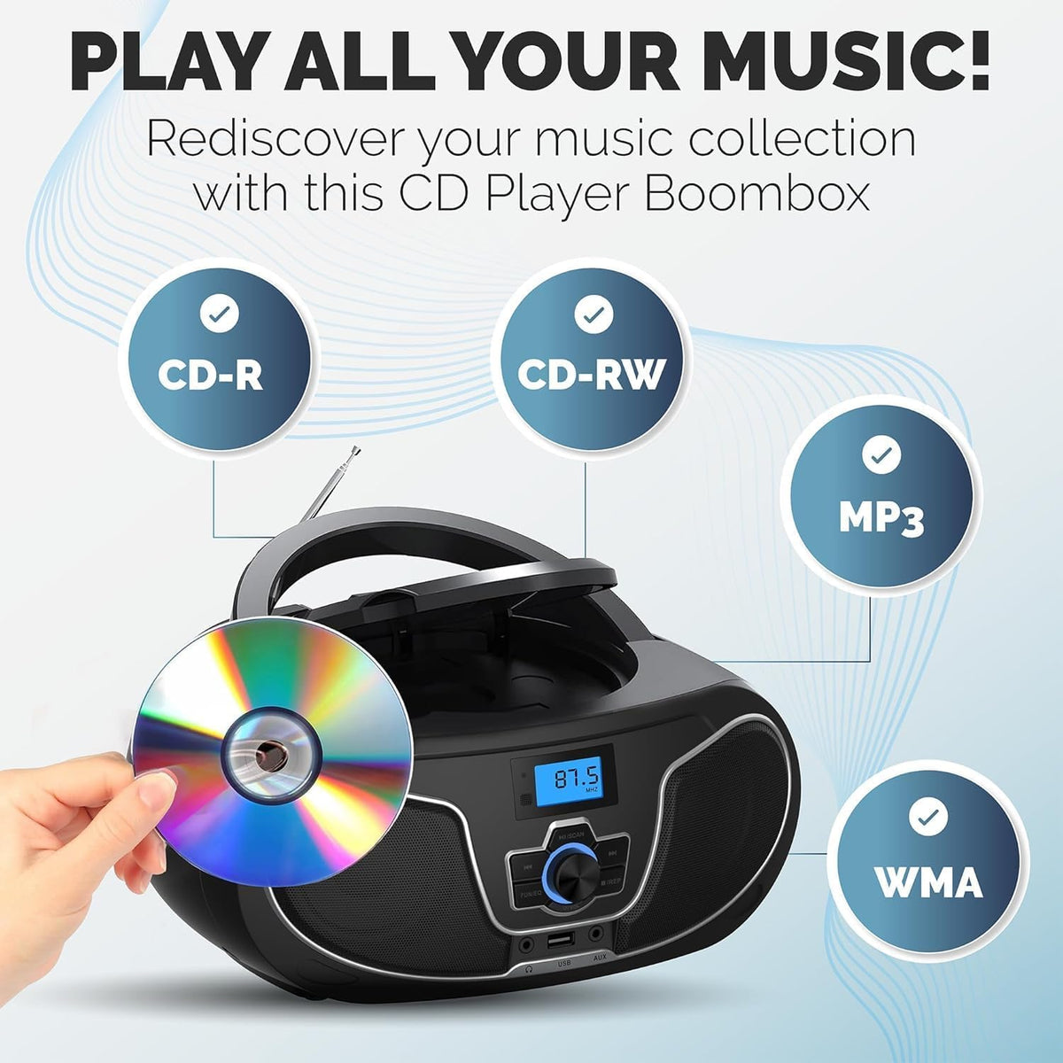 Portable Bluetooth CD Player Boombox with FM Radio I8827