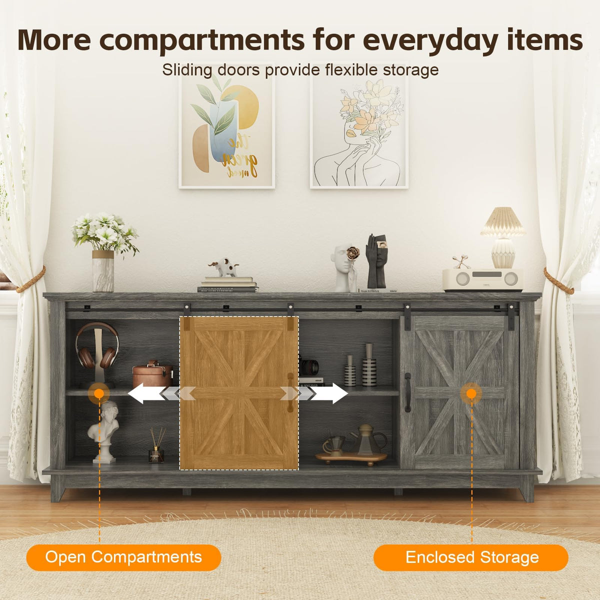 Farmhouse TV Stand Cabinet for 75" Television with Adjustable Shelf & Sliding Barn Doors M82887
