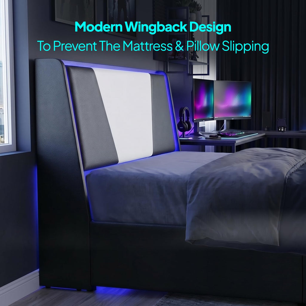 Full Size Bed Frame with Led Lights and 4 Storage Drawers W20882