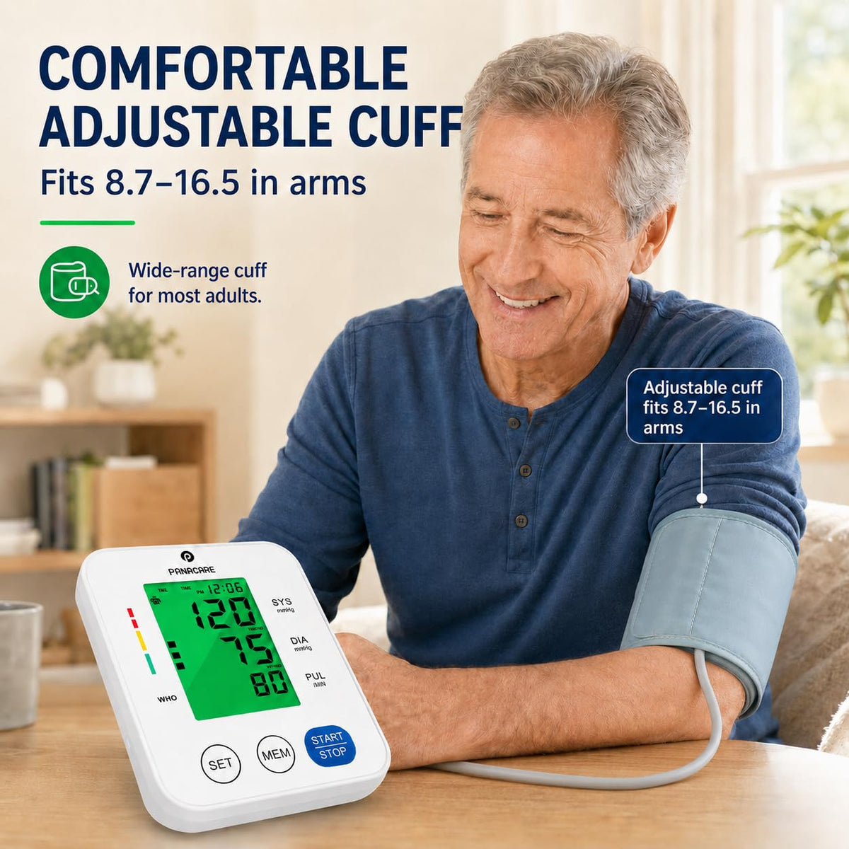 Upper Arm Blood Pressure Monitor with Adjustable Cuff and Backlit Display B3800