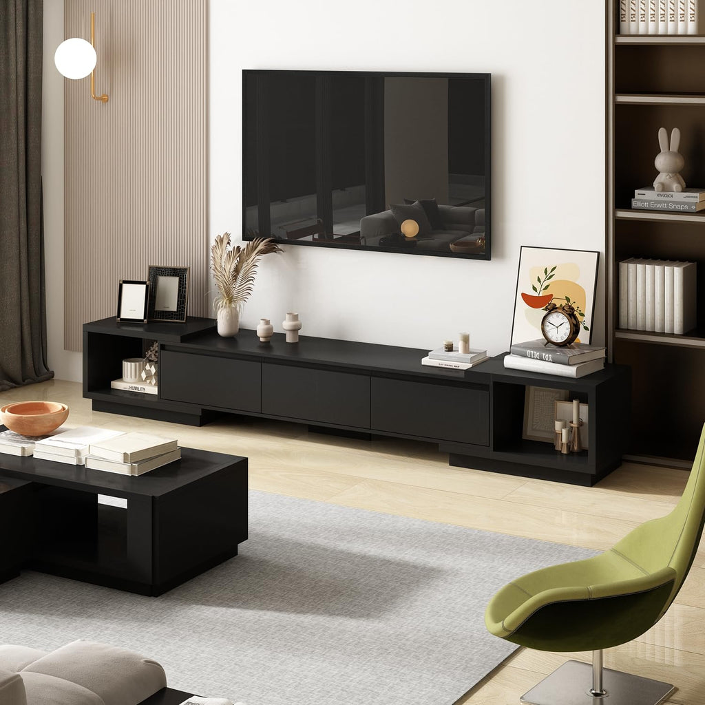 Expandable TV Stand Media Console Table with Three Drawers and Two Open Shelves H102