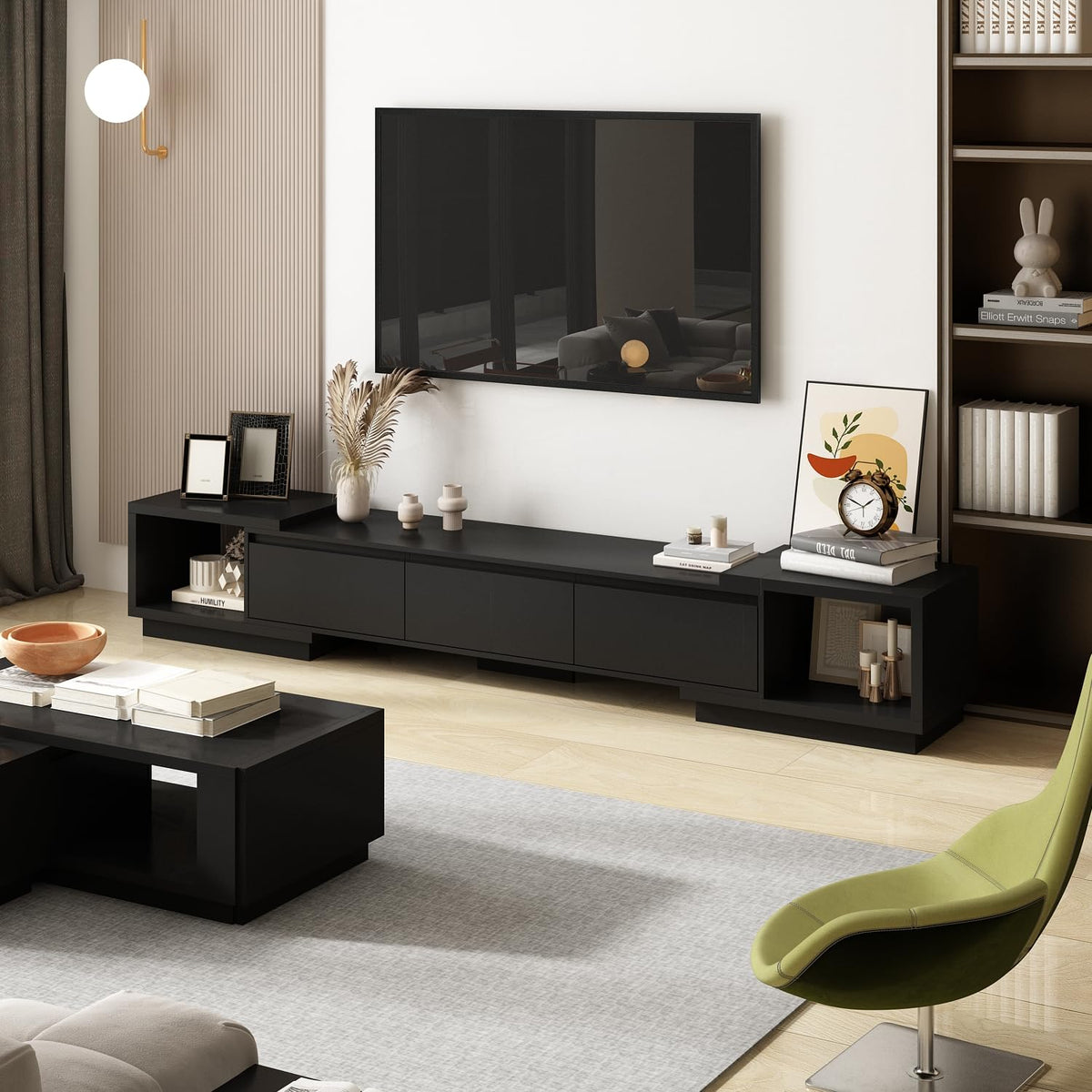 Expandable TV Stand Media Console Table with Three Drawers and Two Open Shelves H102