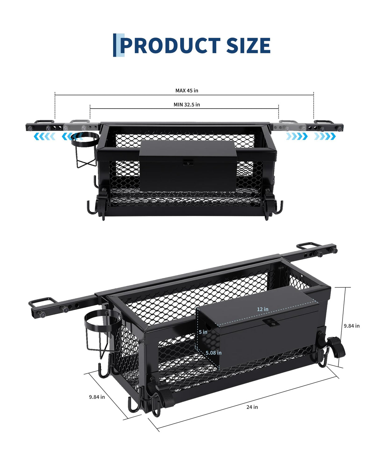 Heavy Duty Steel Tractor Tool Box Basket 24x10x10in Powder Coated Black G851