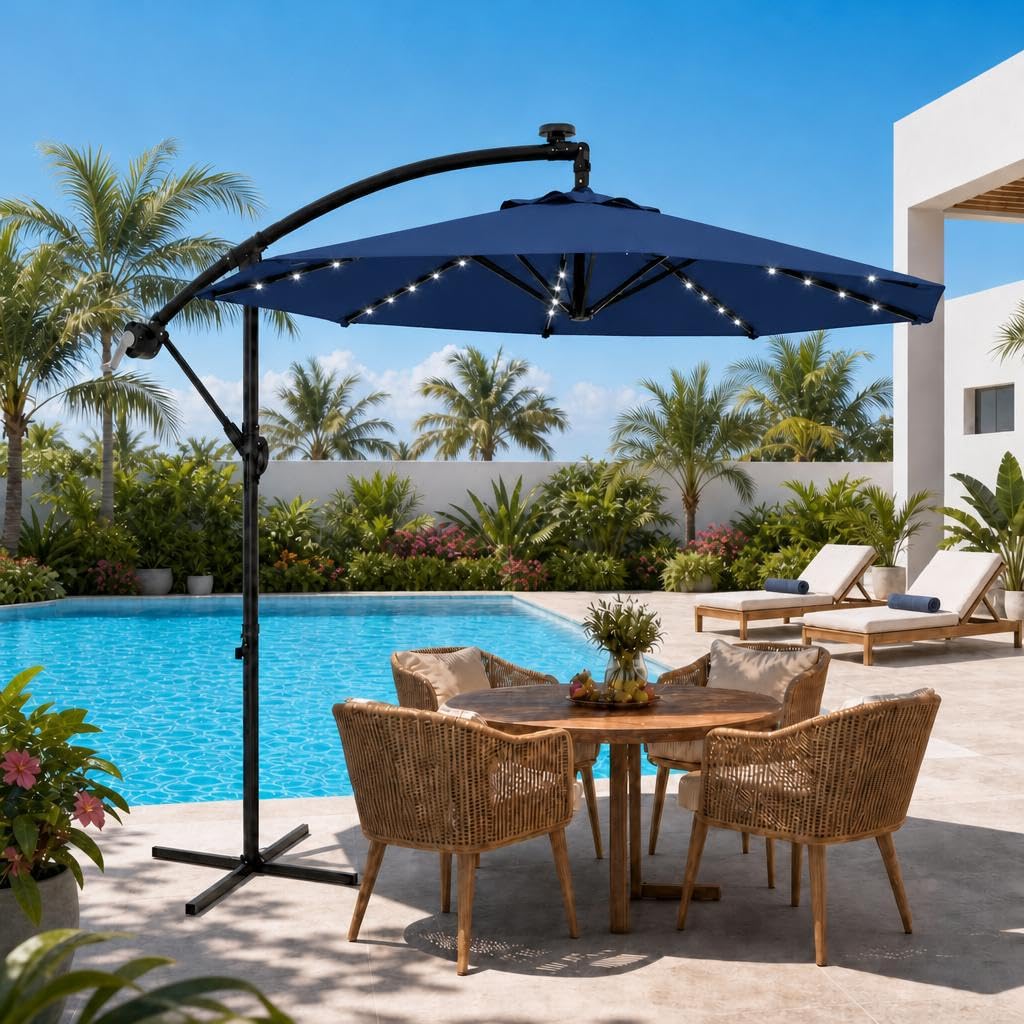 10 ft Solar Light Patio Umbrella with Crank Lift and Cross Base H989