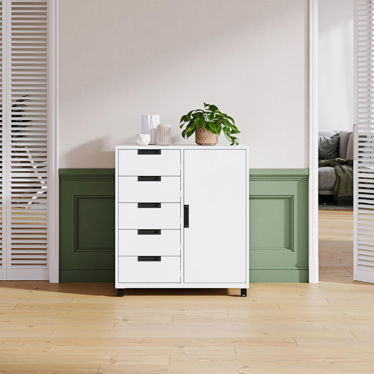 White 5 Drawer Storage Cabinet with Shelves and Door Y8068