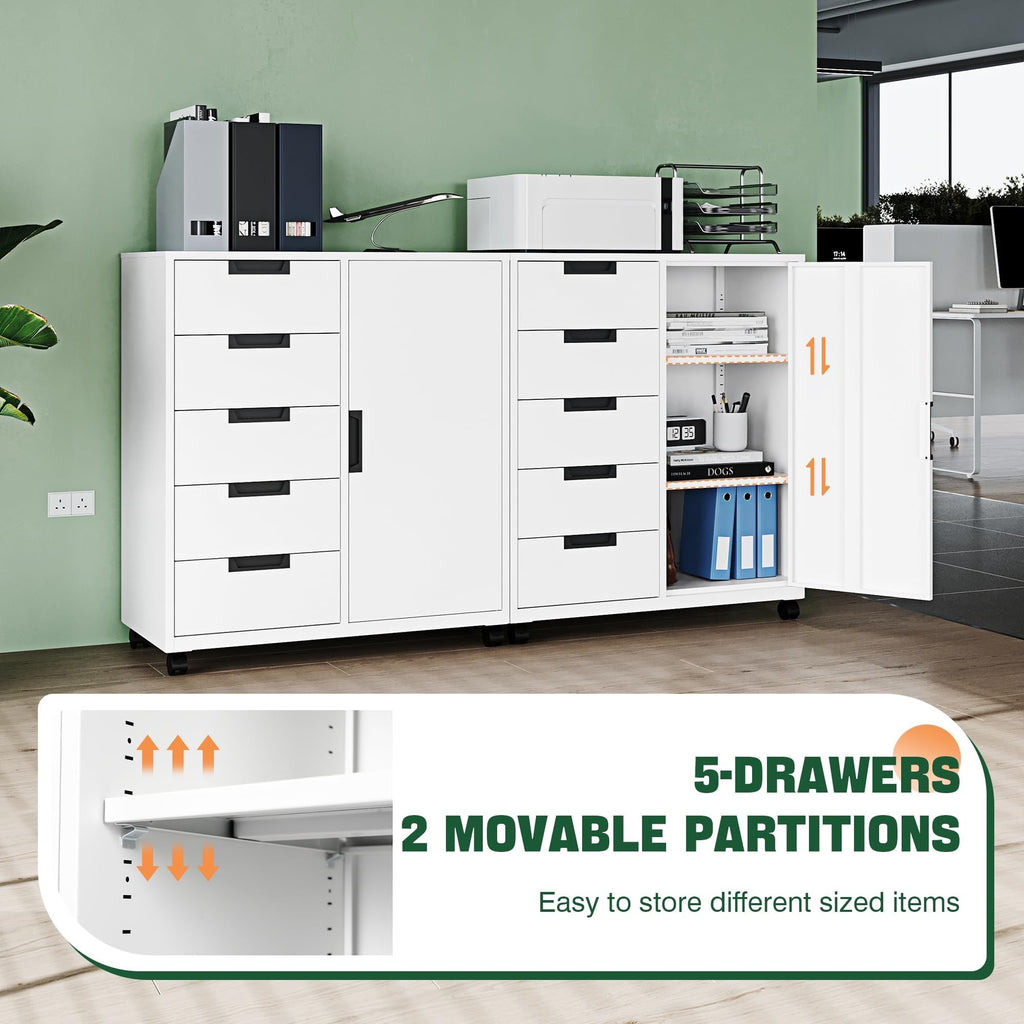 White 5 Drawer Storage Cabinet with Shelves and Door Y8068