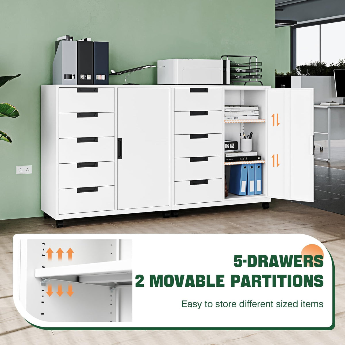 White 5 Drawer Storage Cabinet with Shelves and Door Y8068