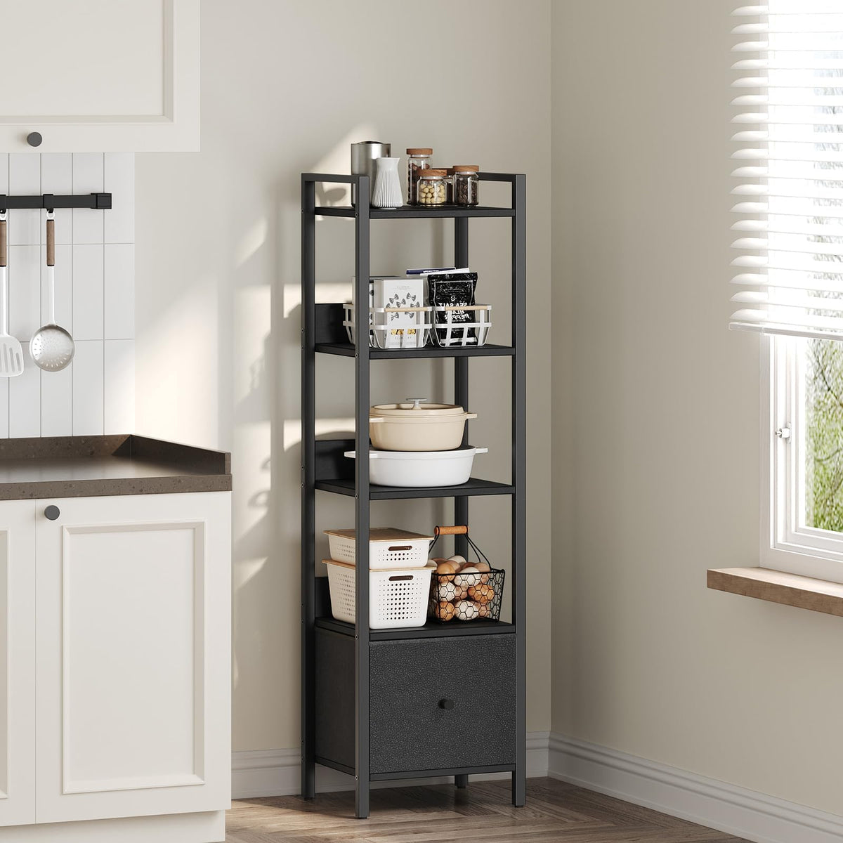 Black 5-Tier Bookshelf with Drawer A88217