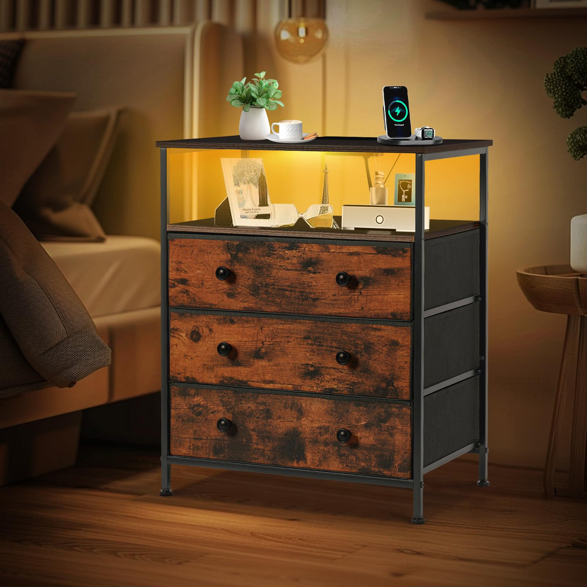 3-Drawer LED Nightstand with Charging Station A1030