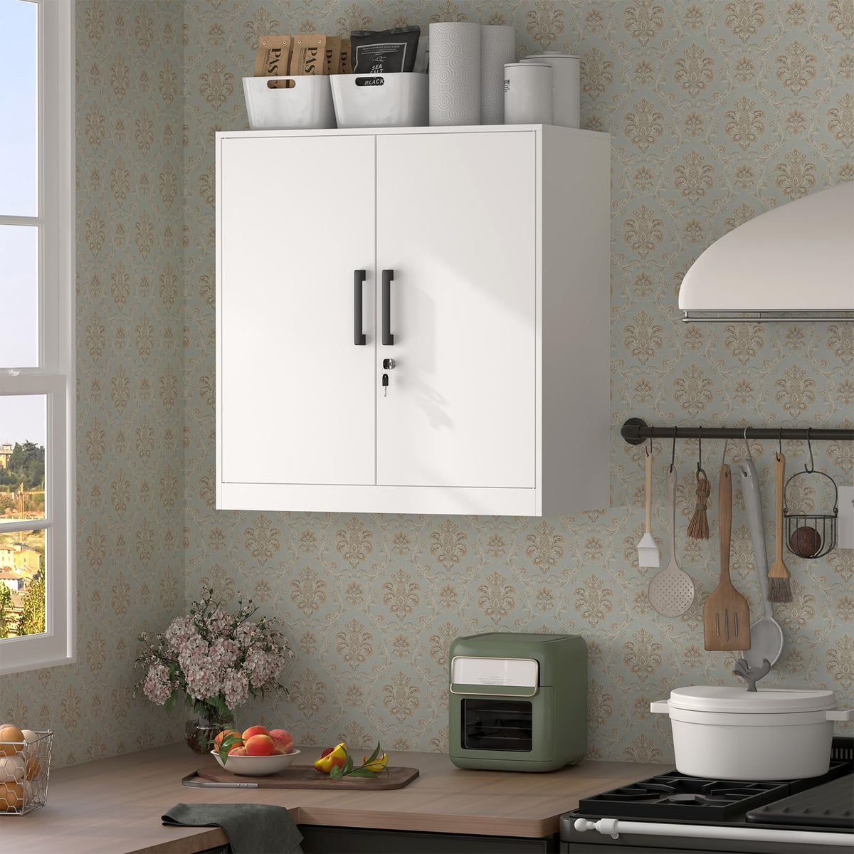 Lockable White Wall Cabinet with Adjustable Shelf P130188
