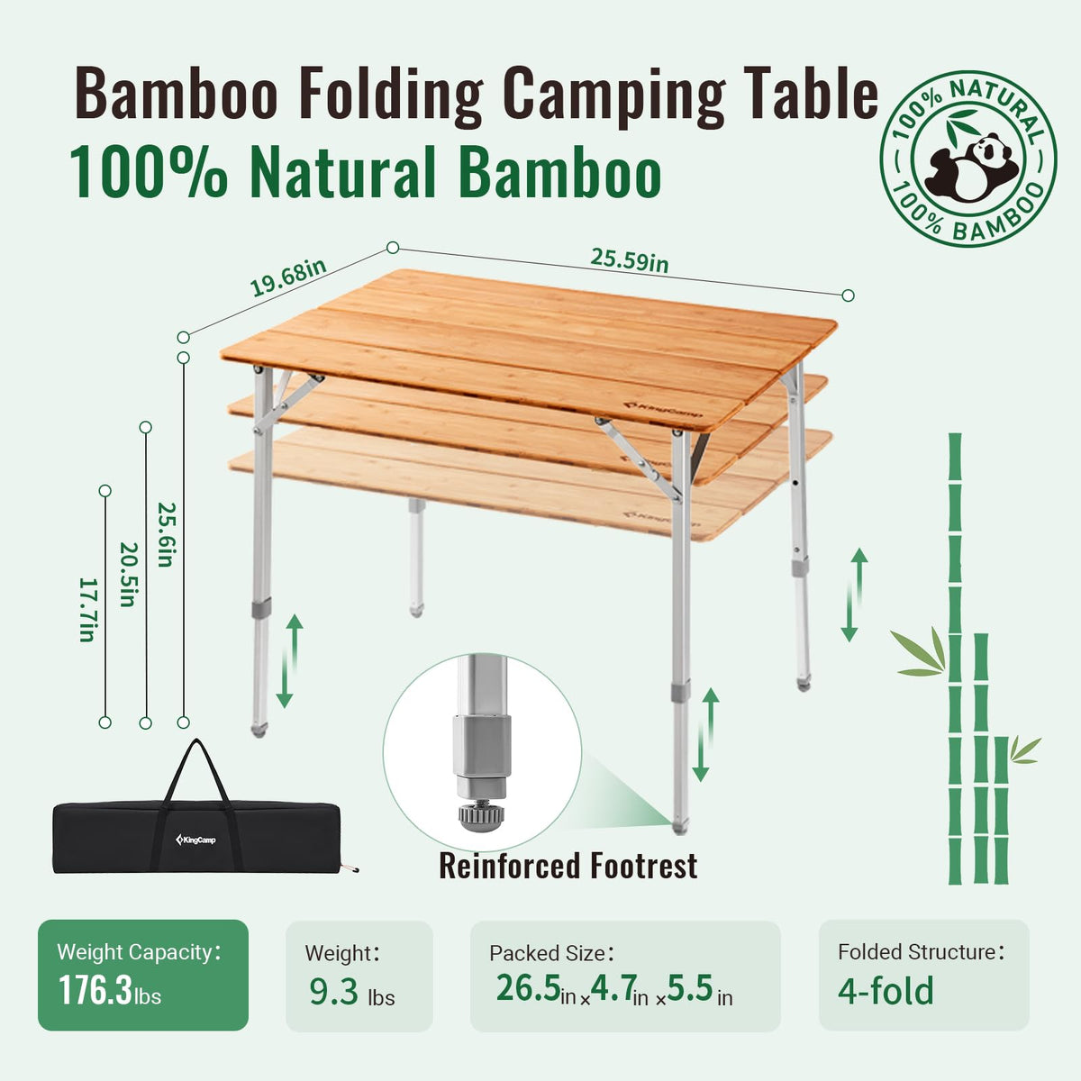 Folding Camping Table Bamboo Adjustable Portable Table E26070