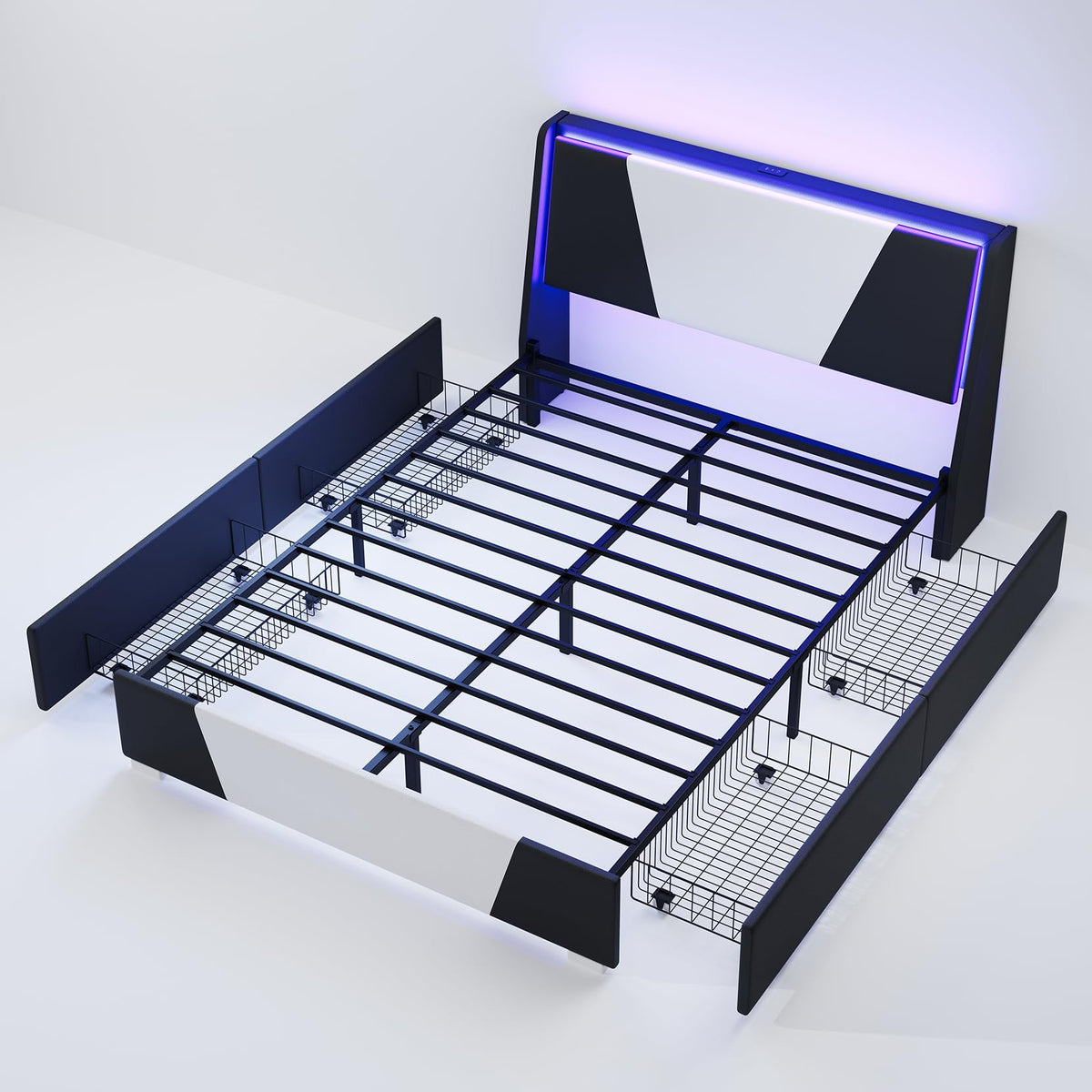 Full Size Bed Frame with Led Lights and 4 Storage Drawers W20882