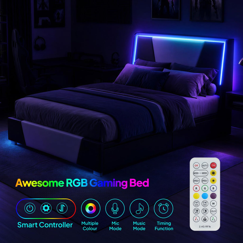 Full Size Bed Frame with Led Lights and 4 Storage Drawers W20882