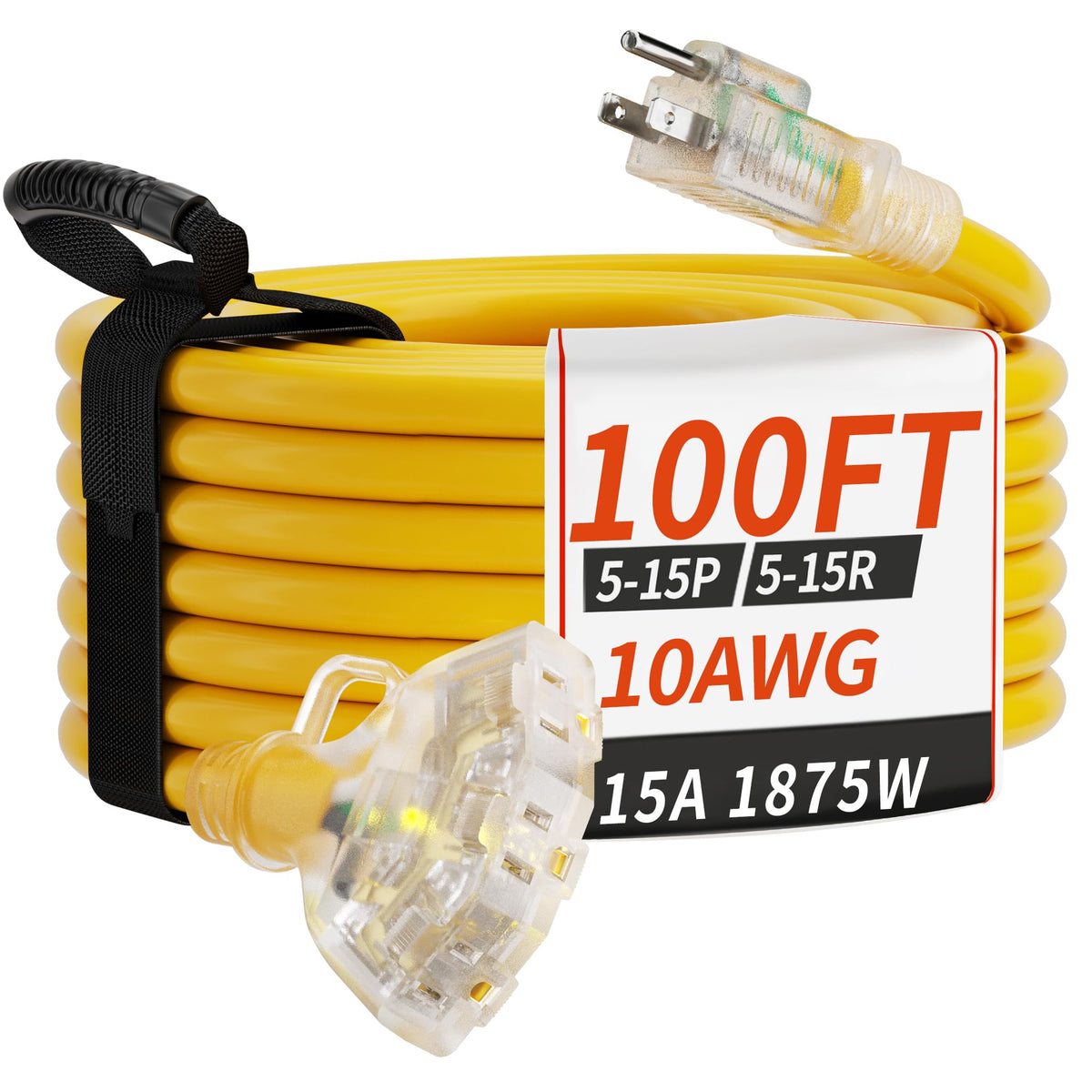 100 FT 10 Gauge Outdoor Extension Cord with Multiple Outlets Yellow W3428