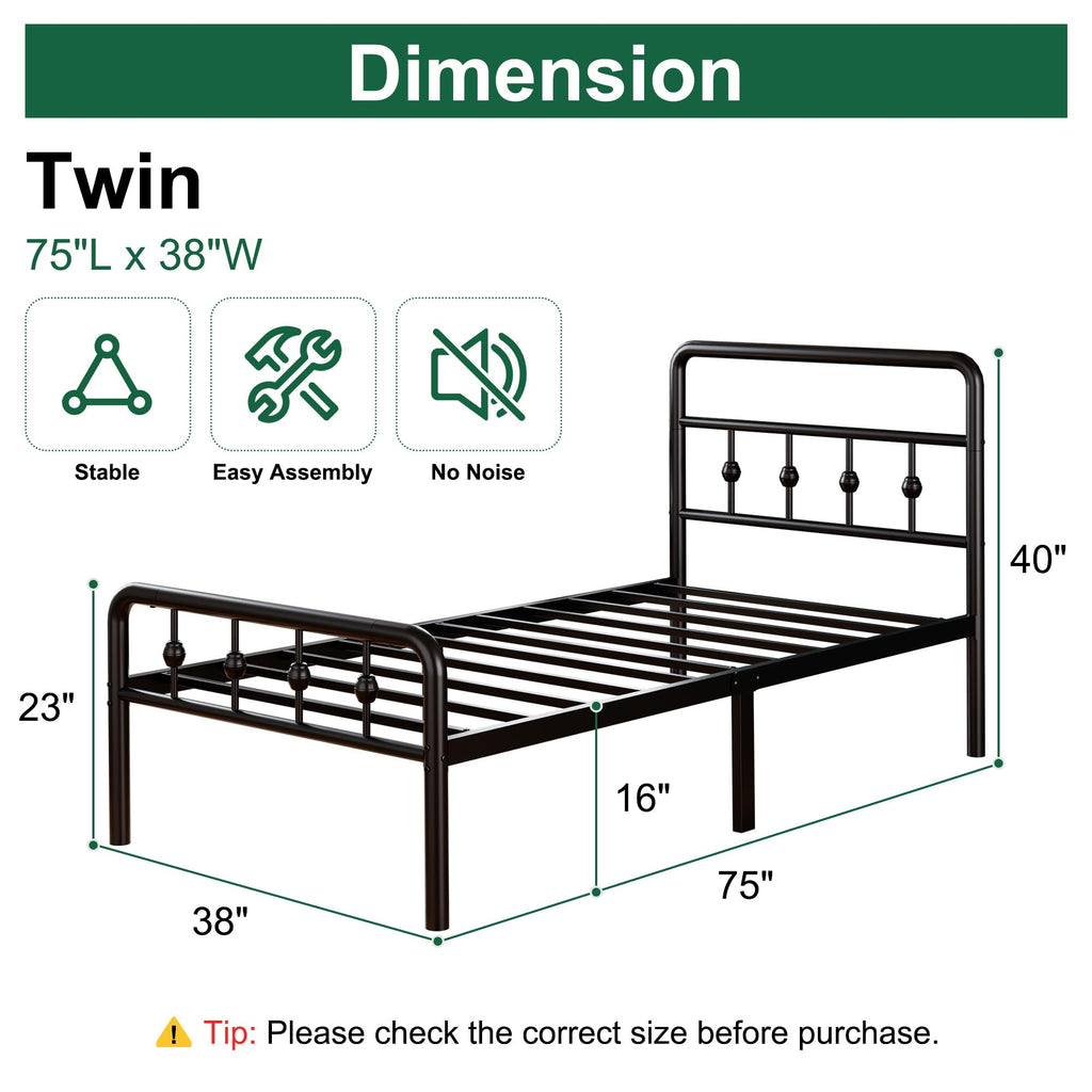 16 Inch Twin Metal Platform Bed with Headboard and Footboard K3318