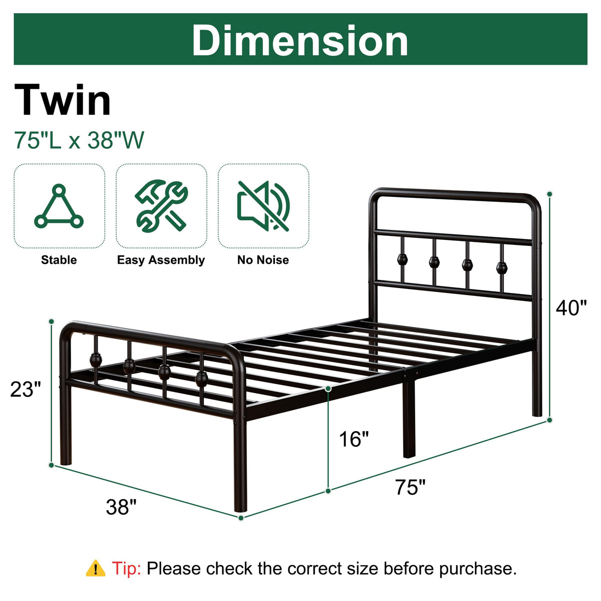 16 Inch Twin Metal Platform Bed with Headboard and Footboard K3318