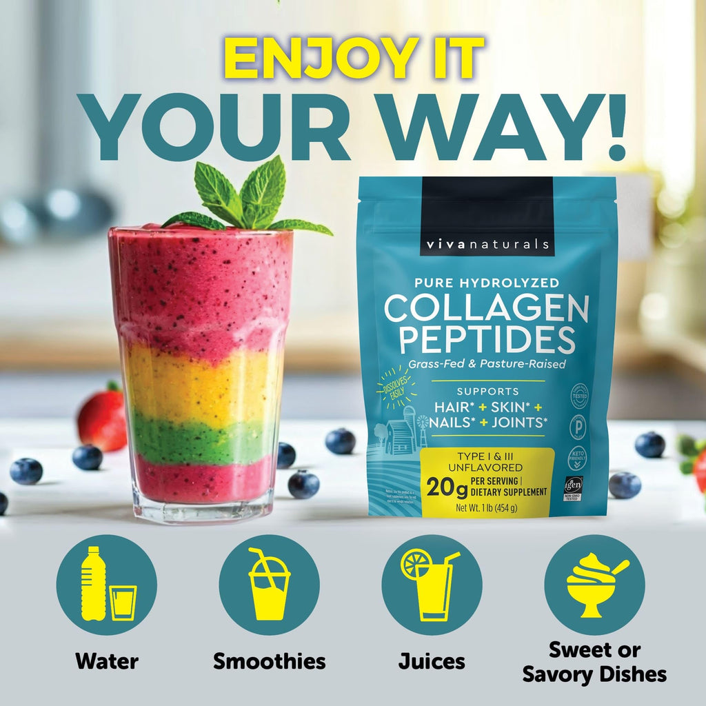 Collagen Peptides Powder - Grass-Fed Hydrolyzed Bovine, Type I & III - 19 g Protein, Unflavored - 1lb G98771
