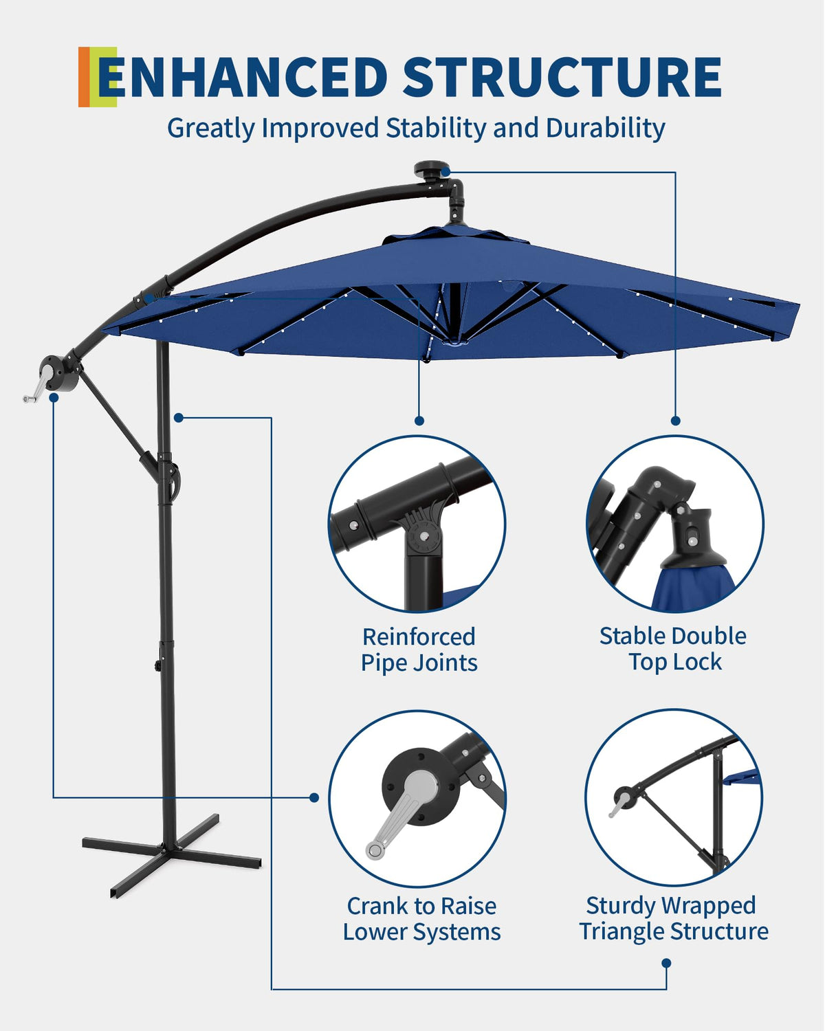 10 ft Solar Light Patio Umbrella with Crank Lift and Cross Base H989
