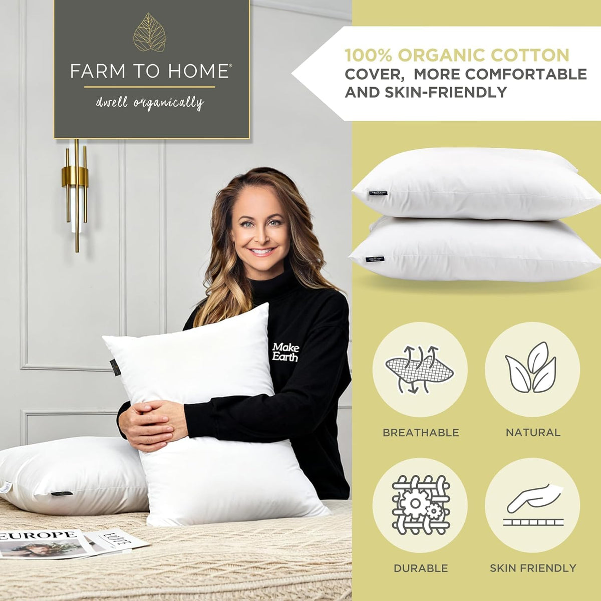 100% Organic Cotton Cover King Size Bed Pillows Set of 2 Y417379