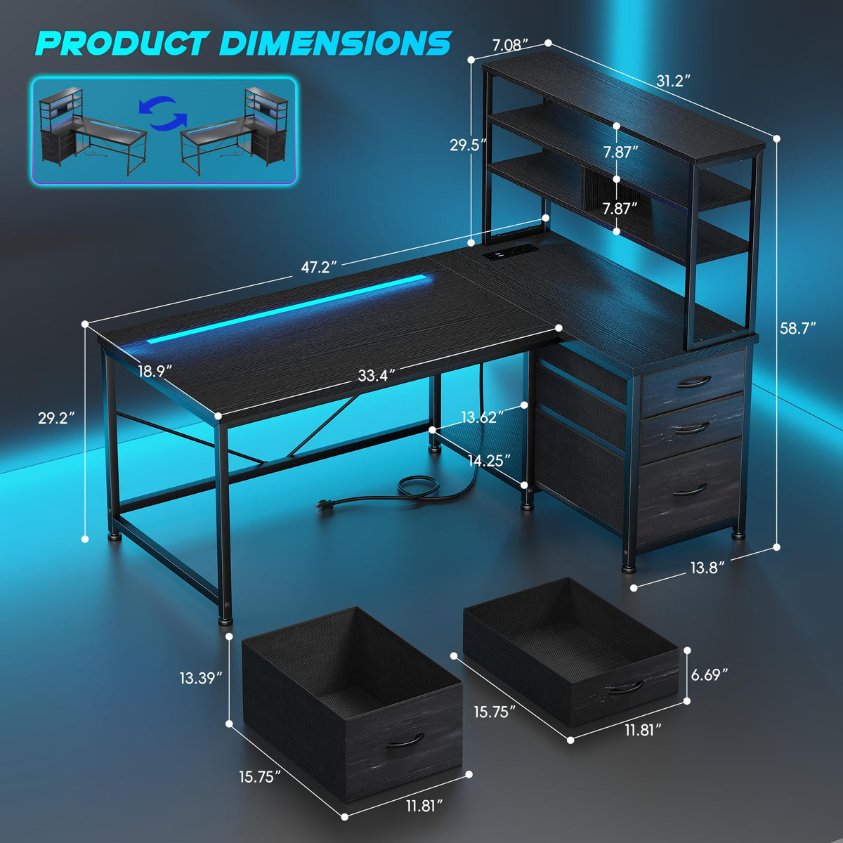 55" L Shaped Gaming Desk with 3 Fabric Drawers & Shelves R3054