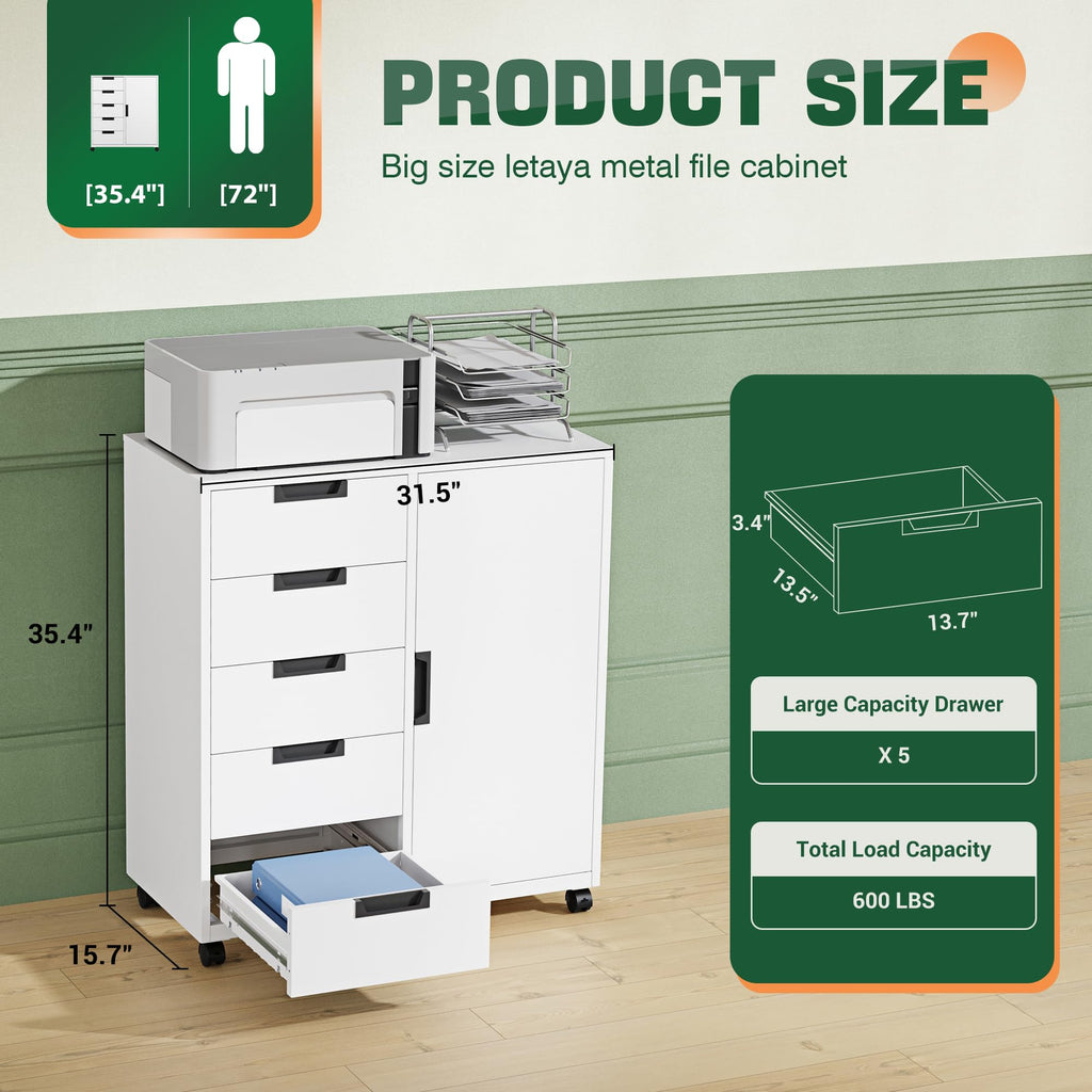 White 5 Drawer Storage Cabinet with Shelves and Door Y8068
