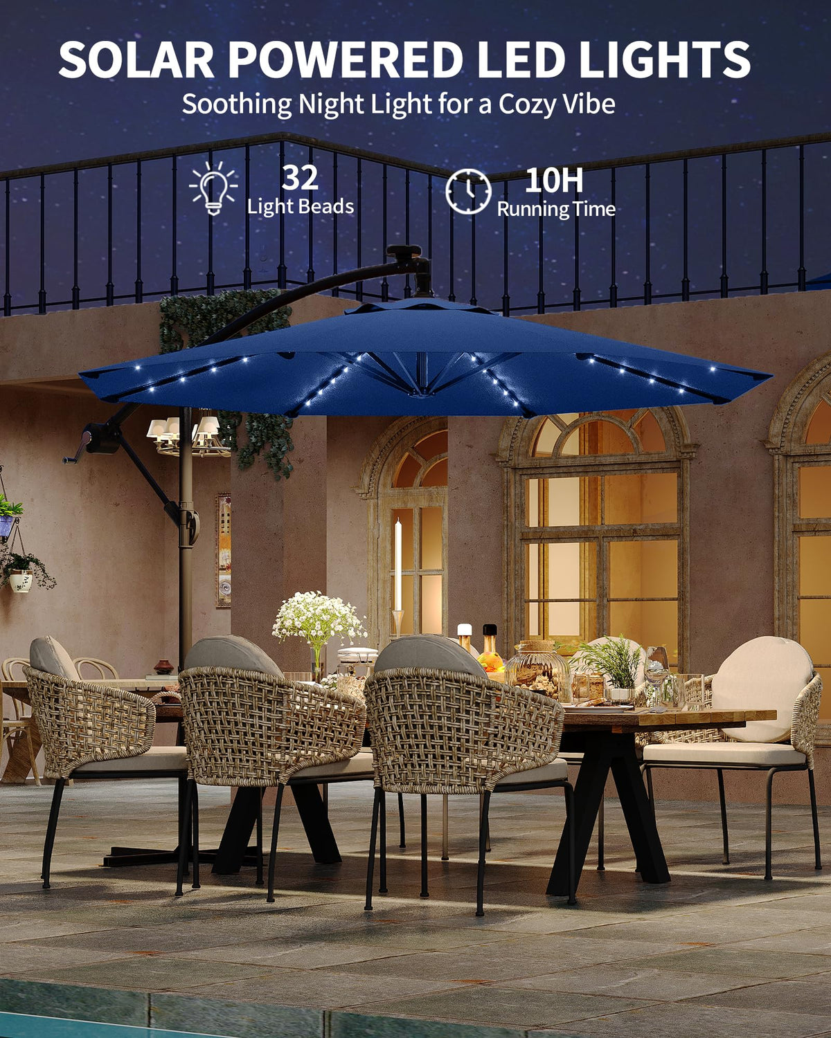 10 ft Solar Light Patio Umbrella with Crank Lift and Cross Base H989