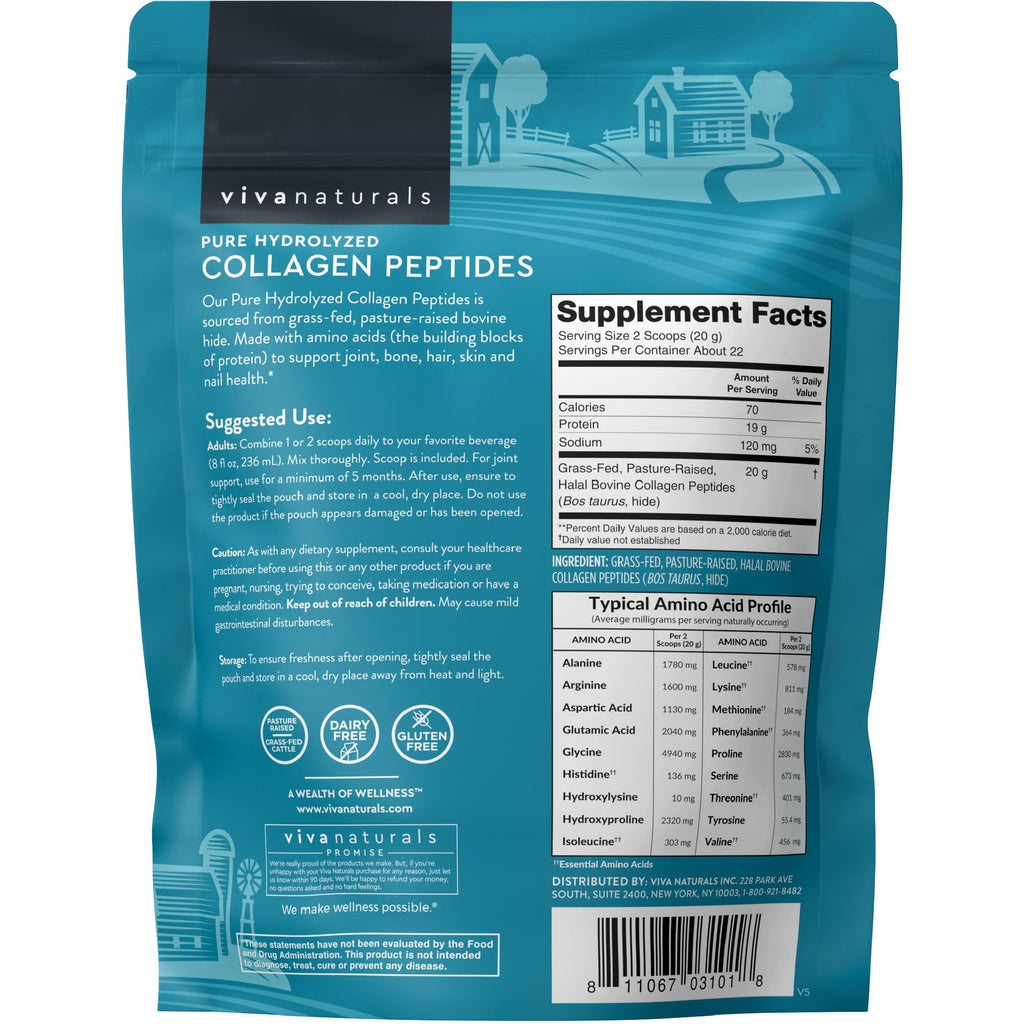 Collagen Peptides Powder - Grass-Fed Hydrolyzed Bovine, Type I & III - 19 g Protein, Unflavored - 1lb G98771