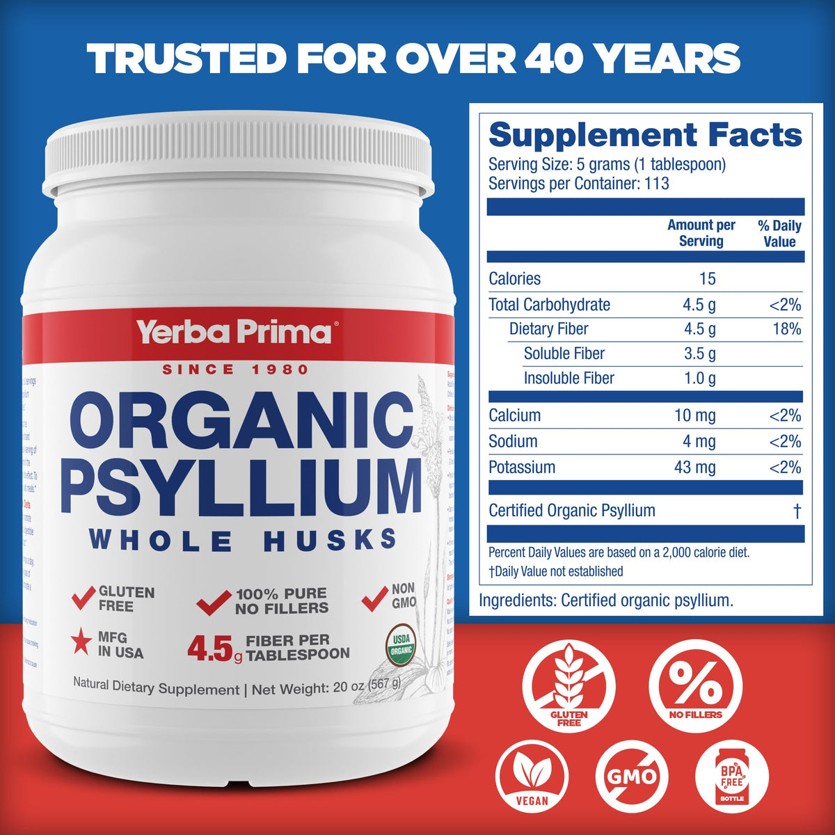 Organic Whole Psyllium Husks Fiber 20 oz Pack of 2 L419123
