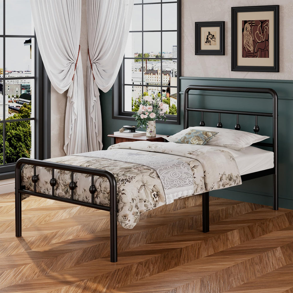 16 Inch Twin Metal Platform Bed with Headboard and Footboard K3318