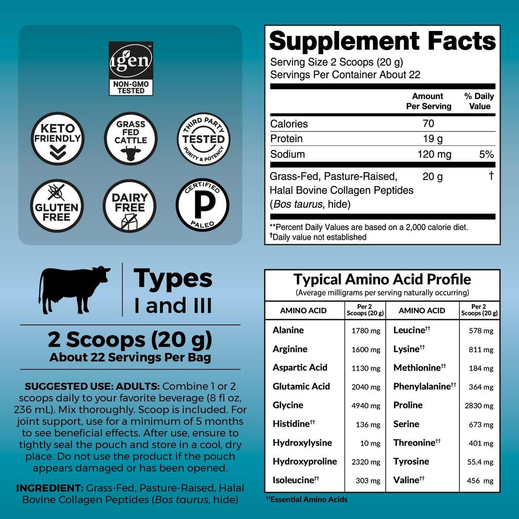 Collagen Peptides Powder - Grass-Fed Hydrolyzed Bovine, Type I & III - 19 g Protein, Unflavored - 1lb G98771