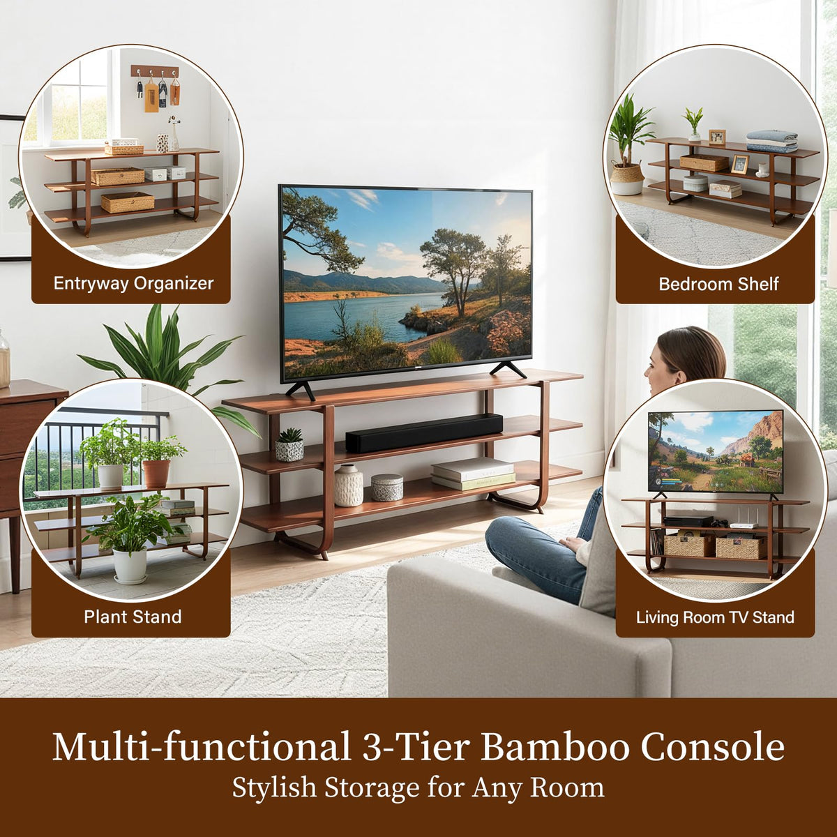 Walnut 65 Inch 3-Tier TV Stand J3938